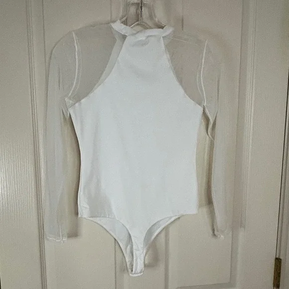 White Bodysuit Sheer Mesh Long Sleeve Mock Neck Top Womens size small - Picture 6 of 12